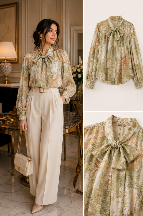 Chemisier Élégance Nouée – Beige Sable & Vert Sauge