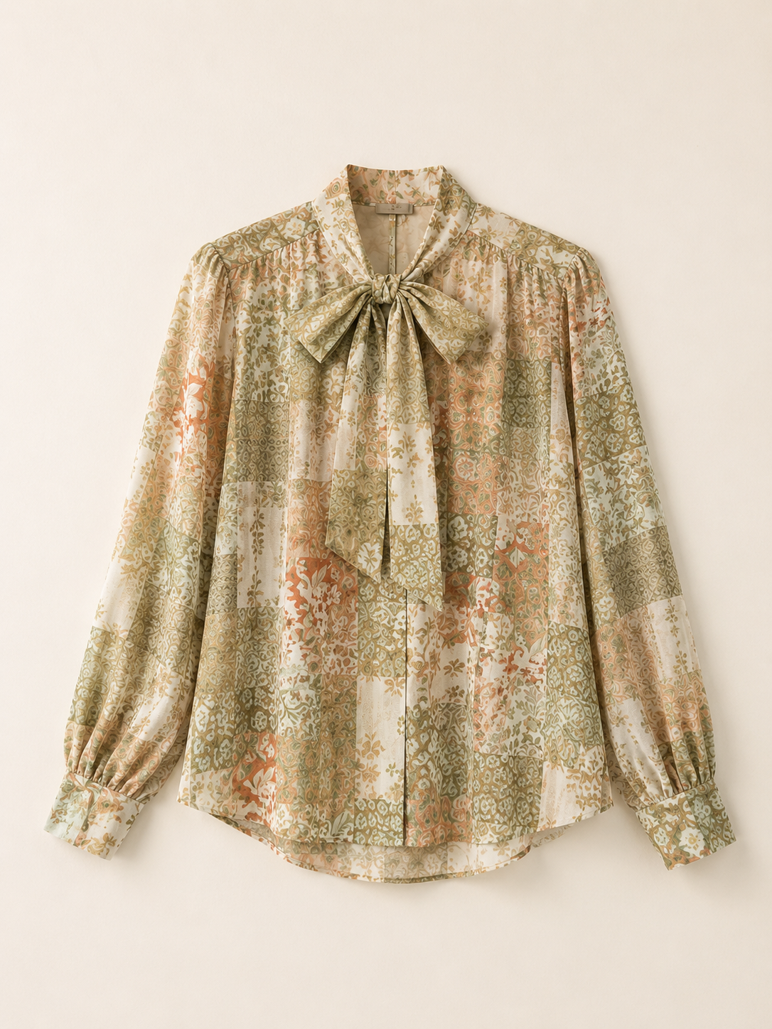 Chemisier Élégance Nouée – Beige Sable & Vert Sauge