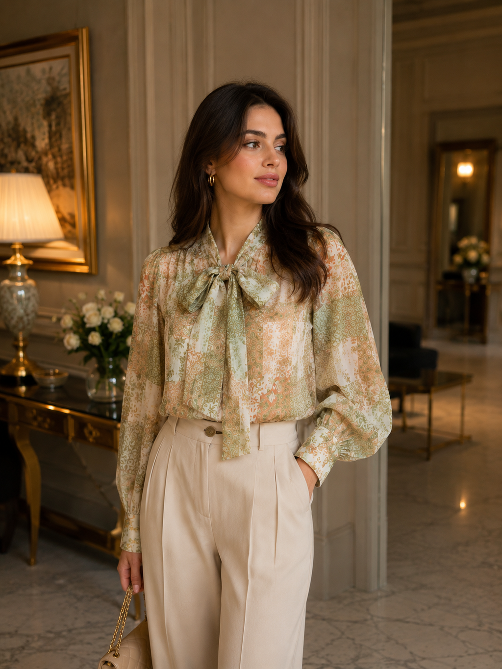Chemisier Élégance Nouée – Beige Sable & Vert Sauge